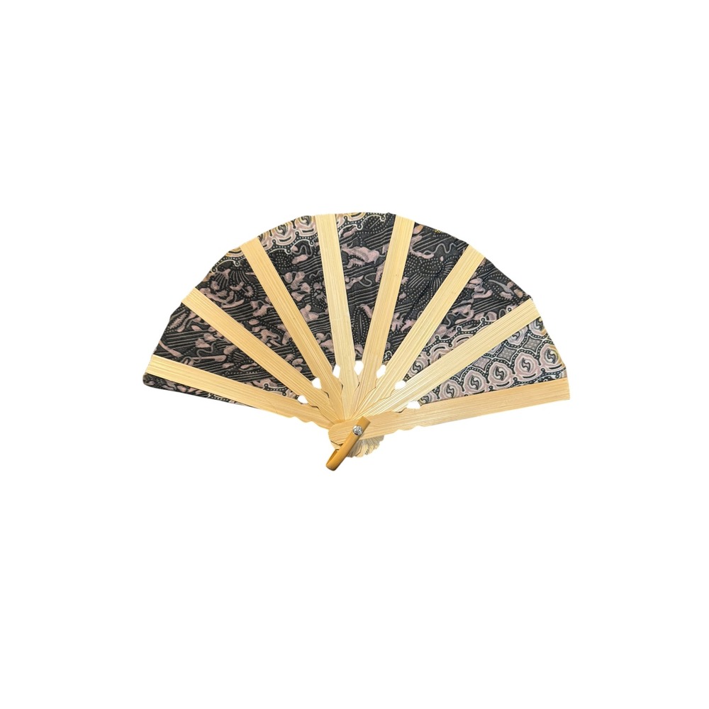 Mini Vintage Style Batik Fabric Folding Hand Fan Black Pink Gold Wood Frame - Picture 2 of 3